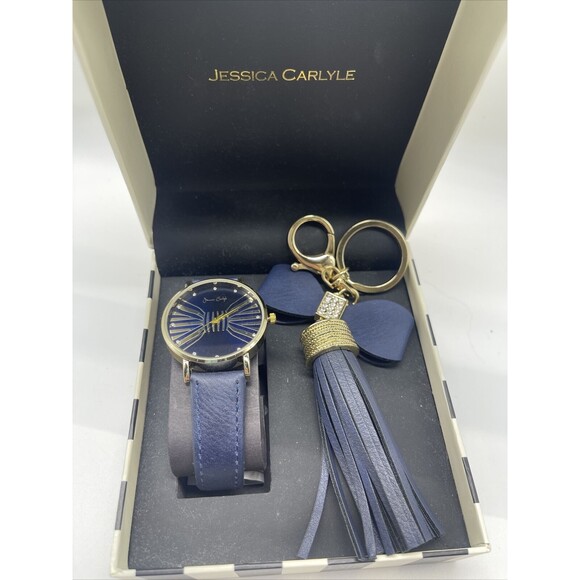 Jessica Carlyle Blue & Gold Bow Watch With Matching Key Chain/Fob Gift Set New - Picture 2 of 5